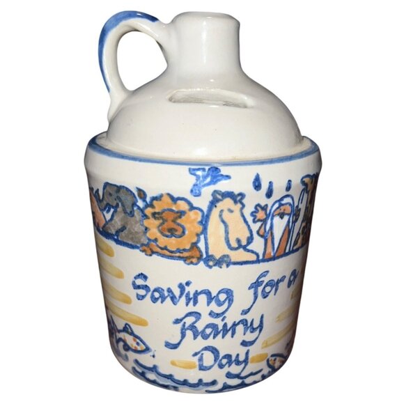 Vintage Louisville Stoneware Jug Bank W/ Handle "Saving For A Rainy Day" Ceramic - Picture 1 of 6